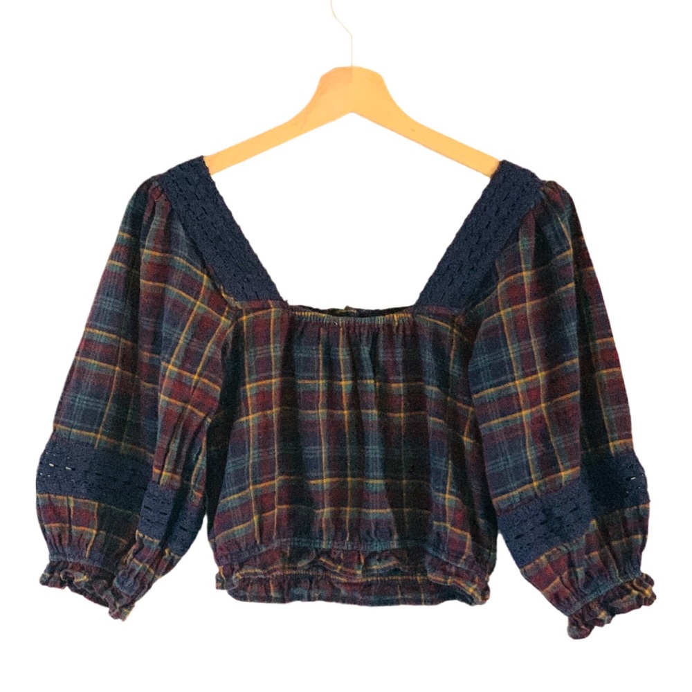 American Eagle Puff Sleeve Milk Maid Crop Top Blue Plaid Size XS Square Neckline - Picture 4 of 13